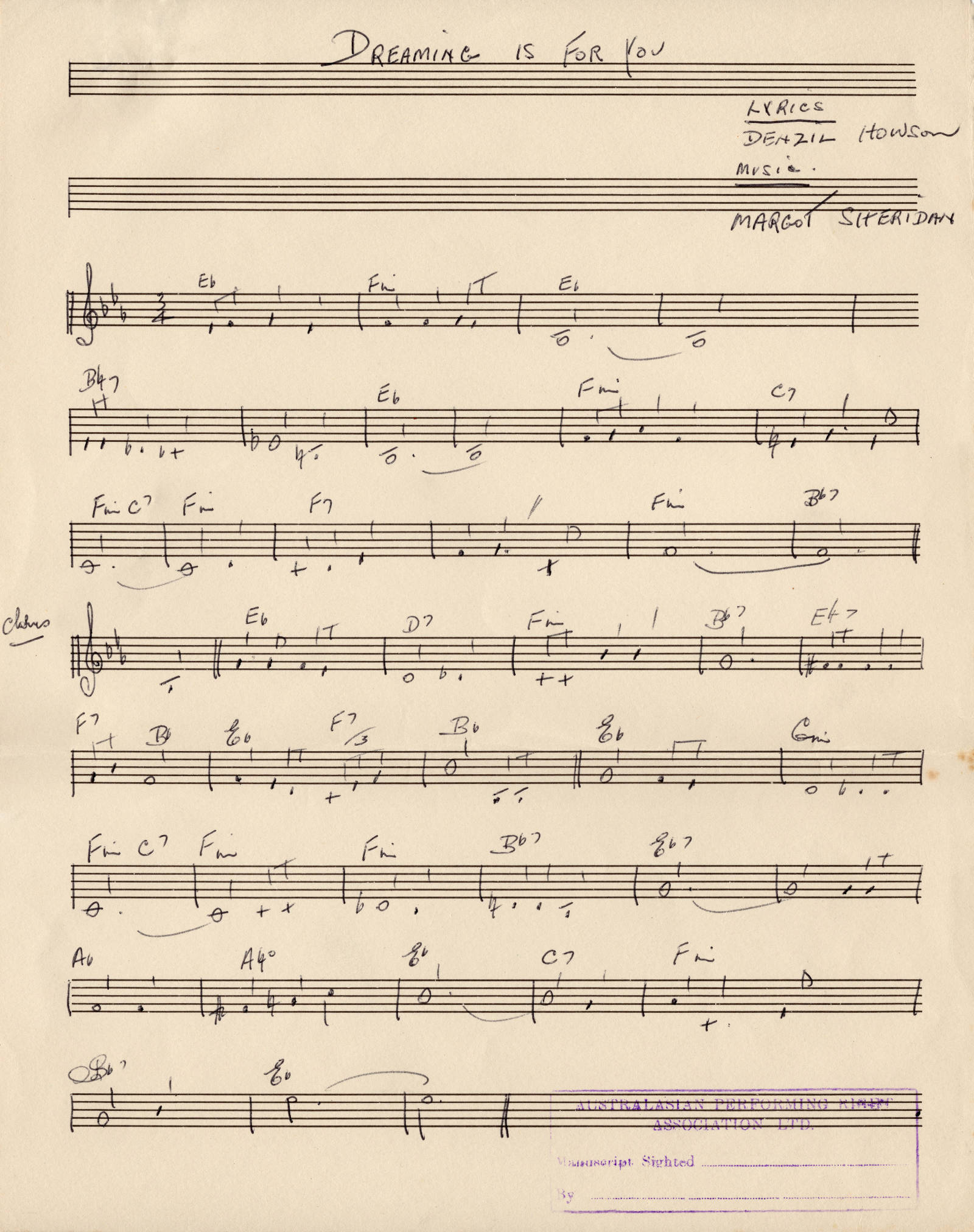 music score of “Dreaming is for You” song