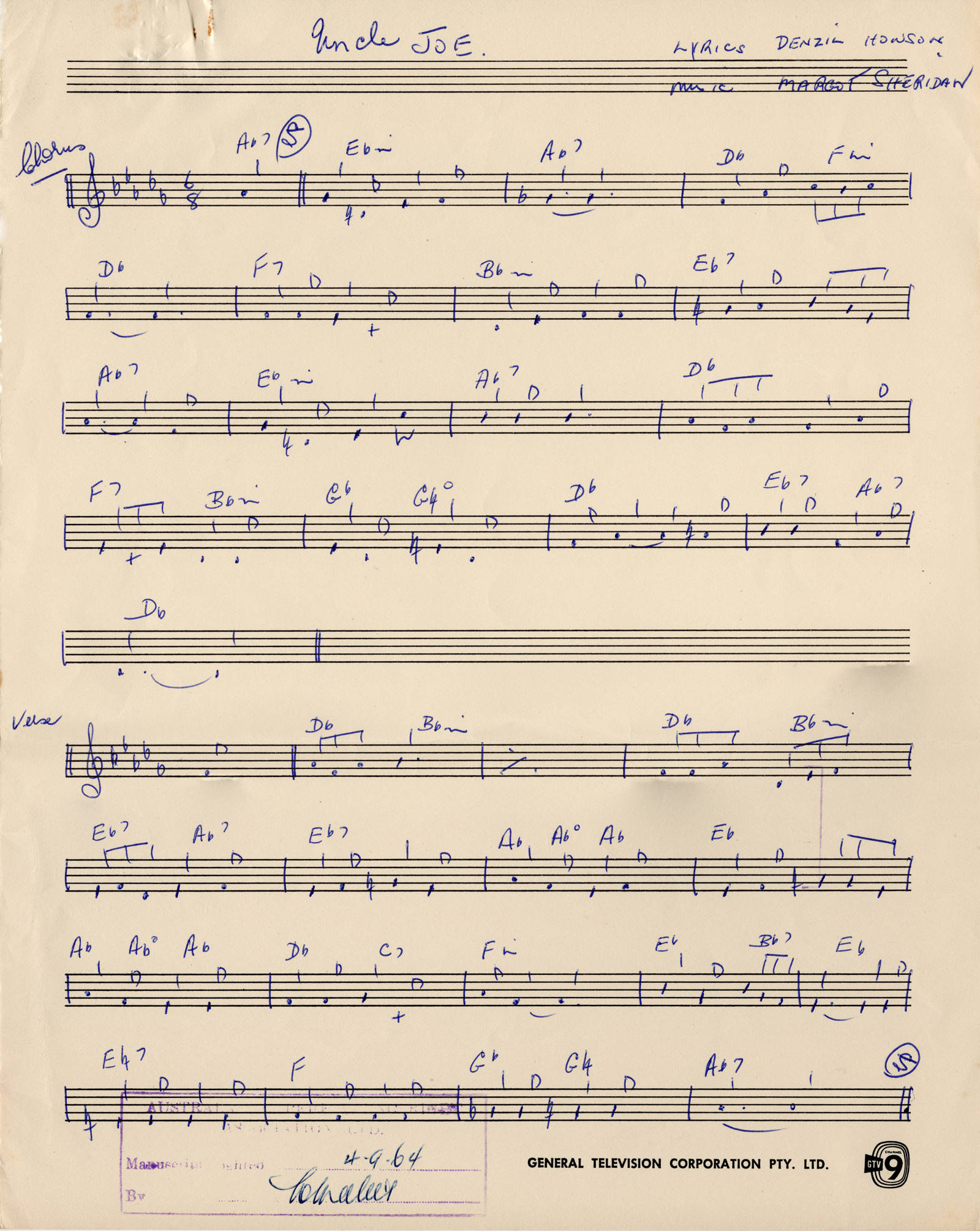 music score of “Uncle Joe’s Song” song