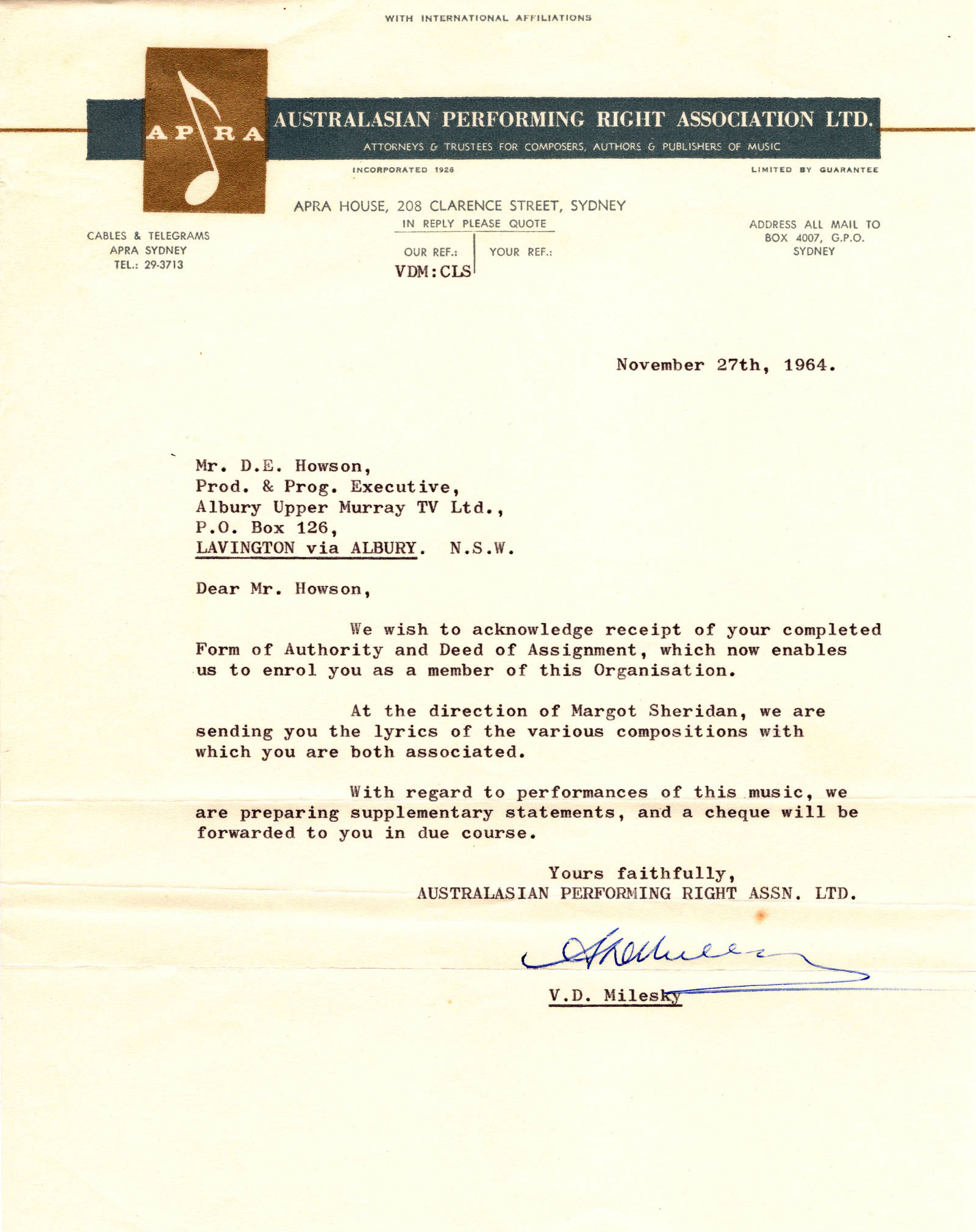Image of typewritten letter from APRA in November 1964.
